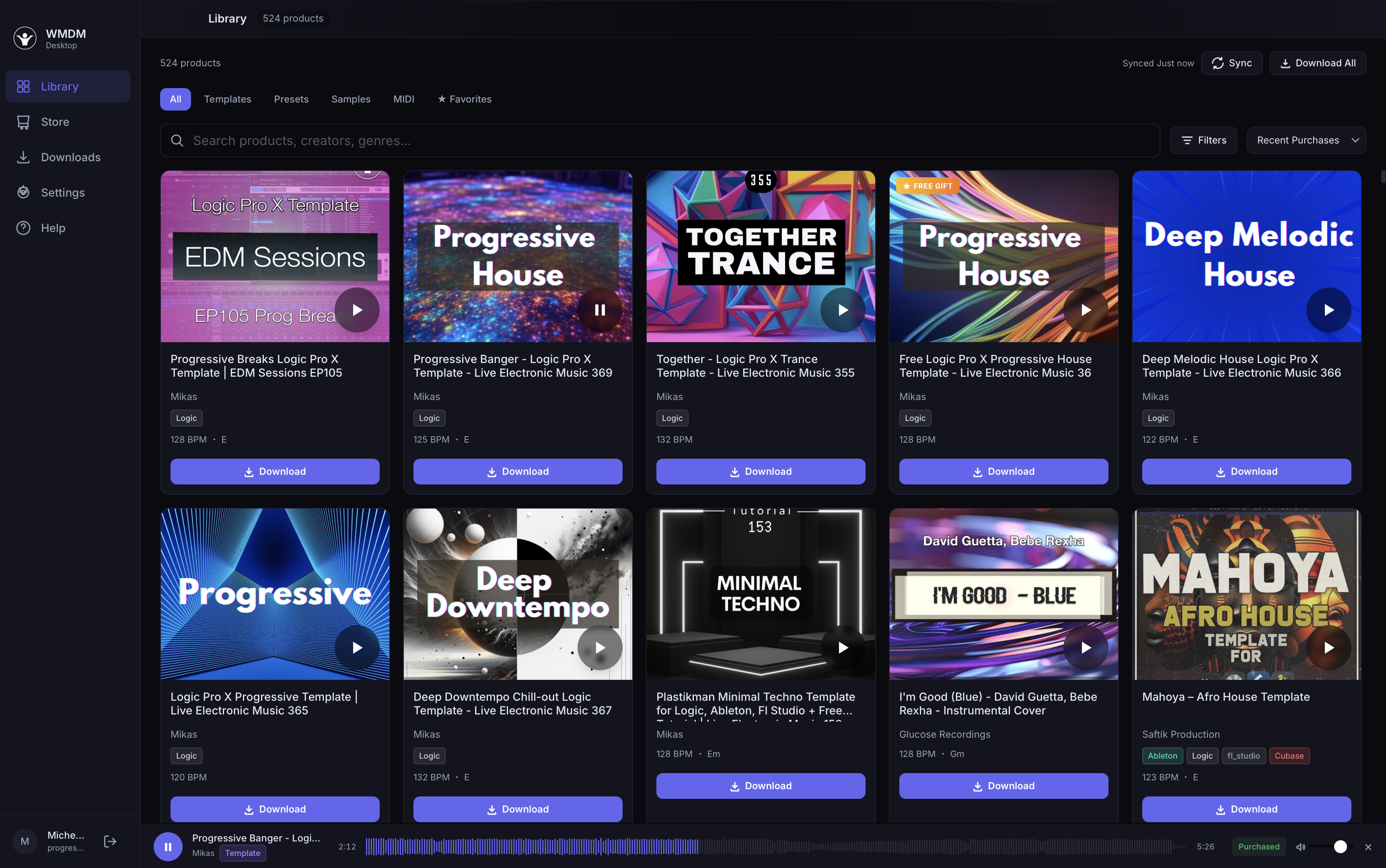 WMDM Desktop App — Library with 524 products, Free Gift ribbon, waveform player